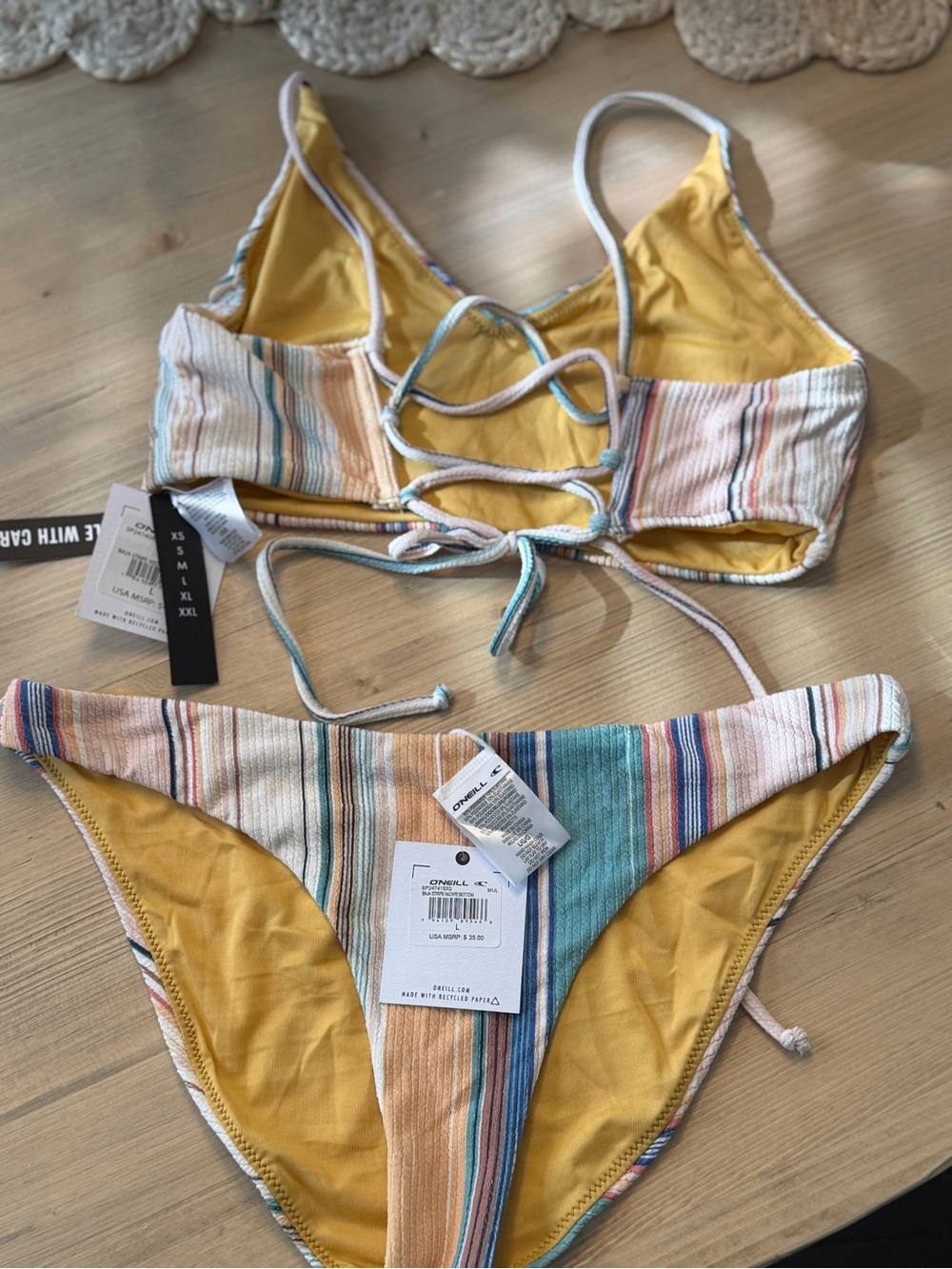 O'Neill Multicolor Ribbed Striped Bikini Top with Peach Detail - NEW WITH TAGS